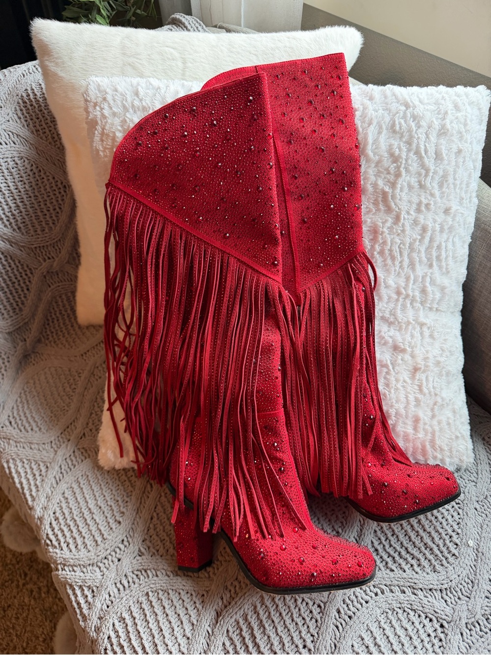 Jessica Simpson Red Rhinestone Fringe Cowboy Boots Size 7.5 - Picture 5 of 6